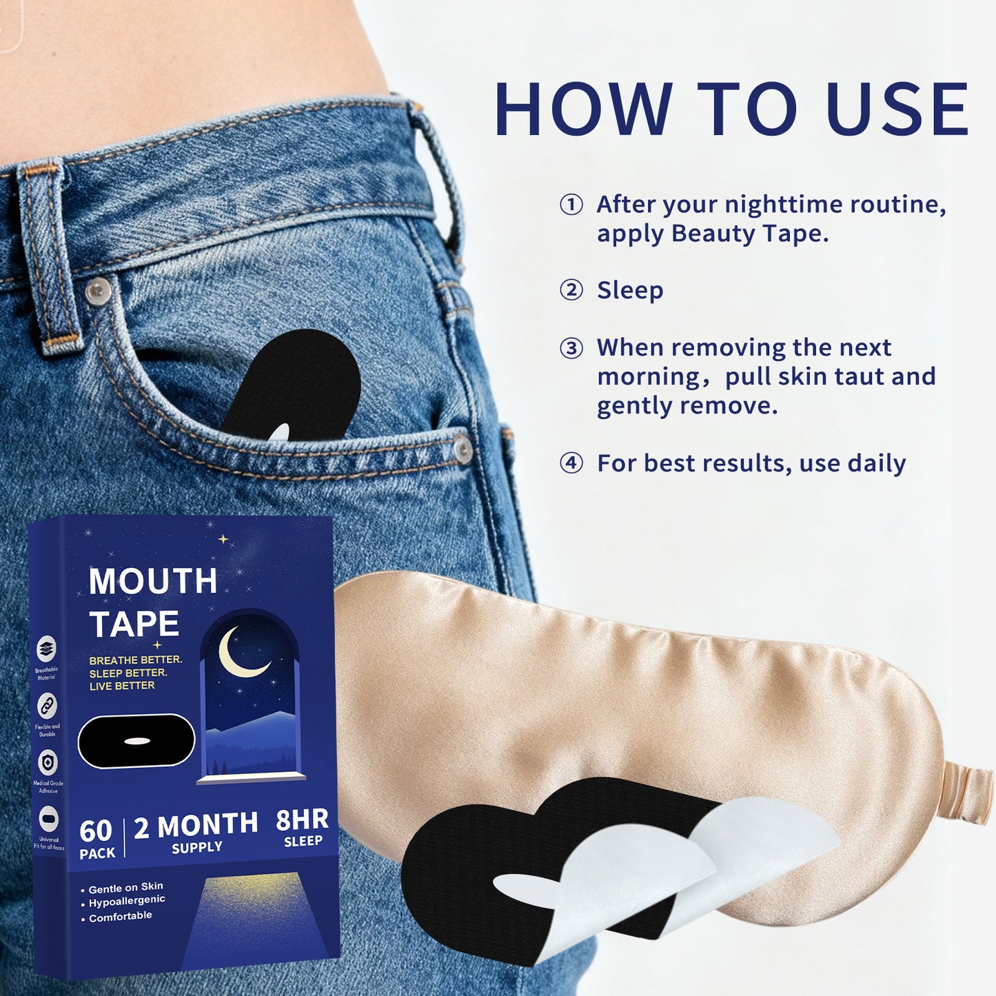 "Breathing Freedom" Sleep Mouth Guard | Gentle and skin-friendly, 120-piece pack helps you develop the habit of sleeping with your mouth closed.