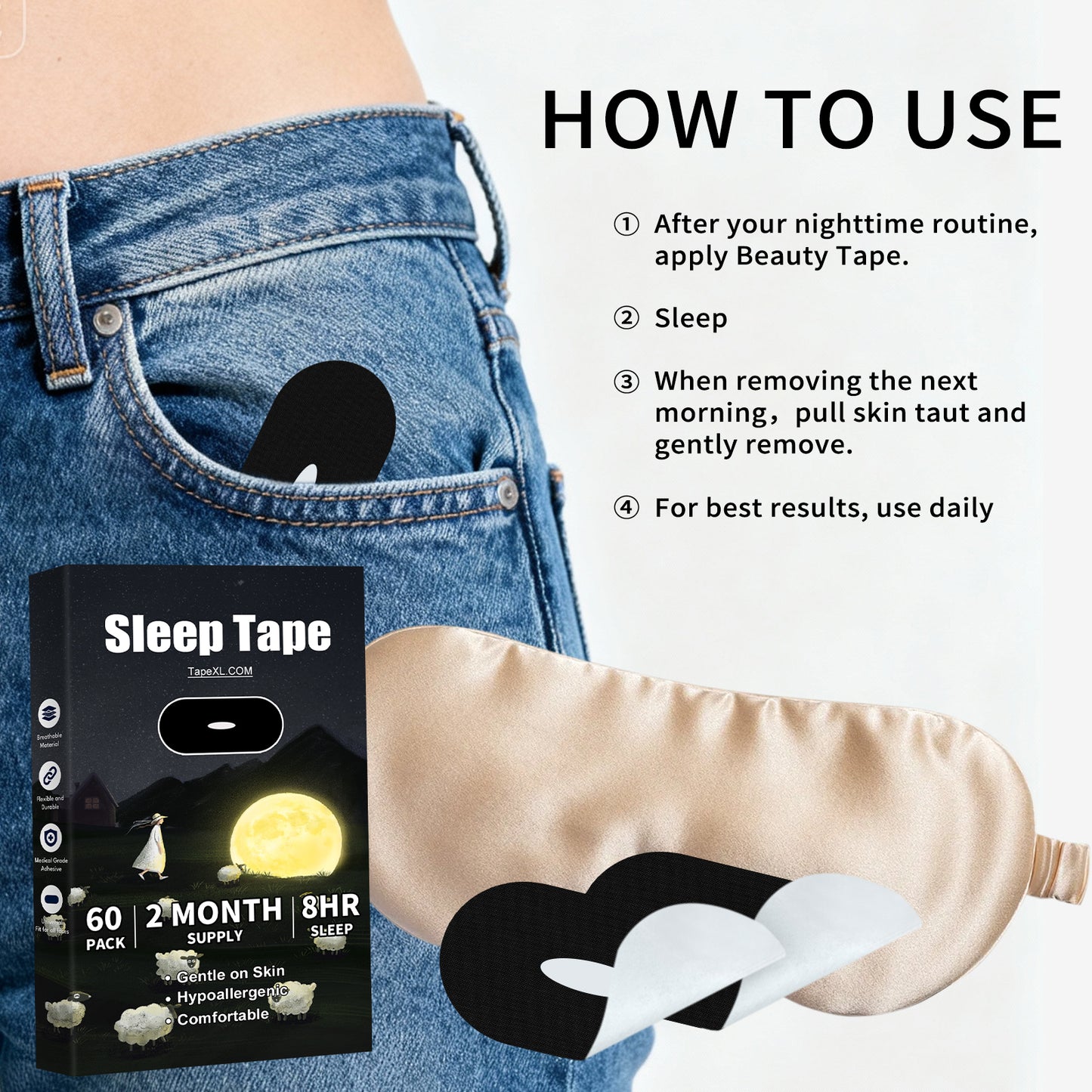Breathable, skin-friendly, This black closed-end tape will help you breathe through your nose for 8 hours every night, making your health better.